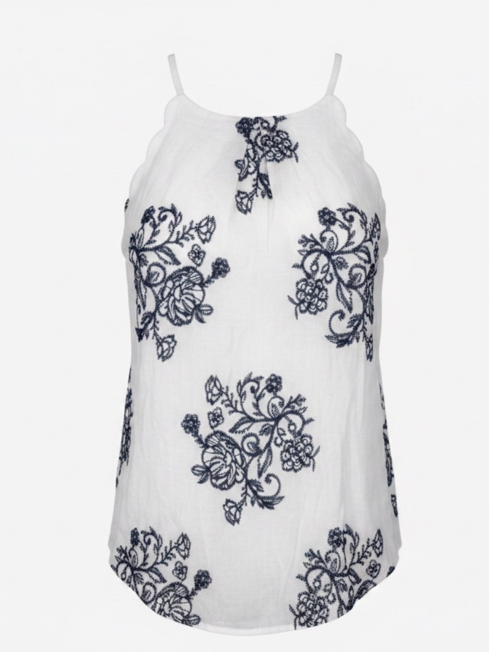 BCX White Halter Camisole with Navy Floral Embroidery